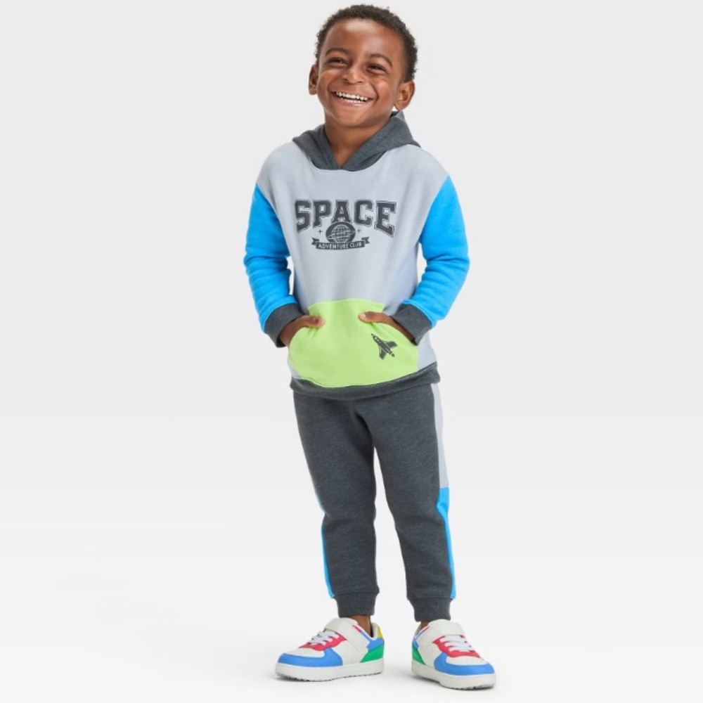 New! Toddler Boys' Colorblock Fleece Pullover and Bottom Set - Gray/Blue Sz 12M